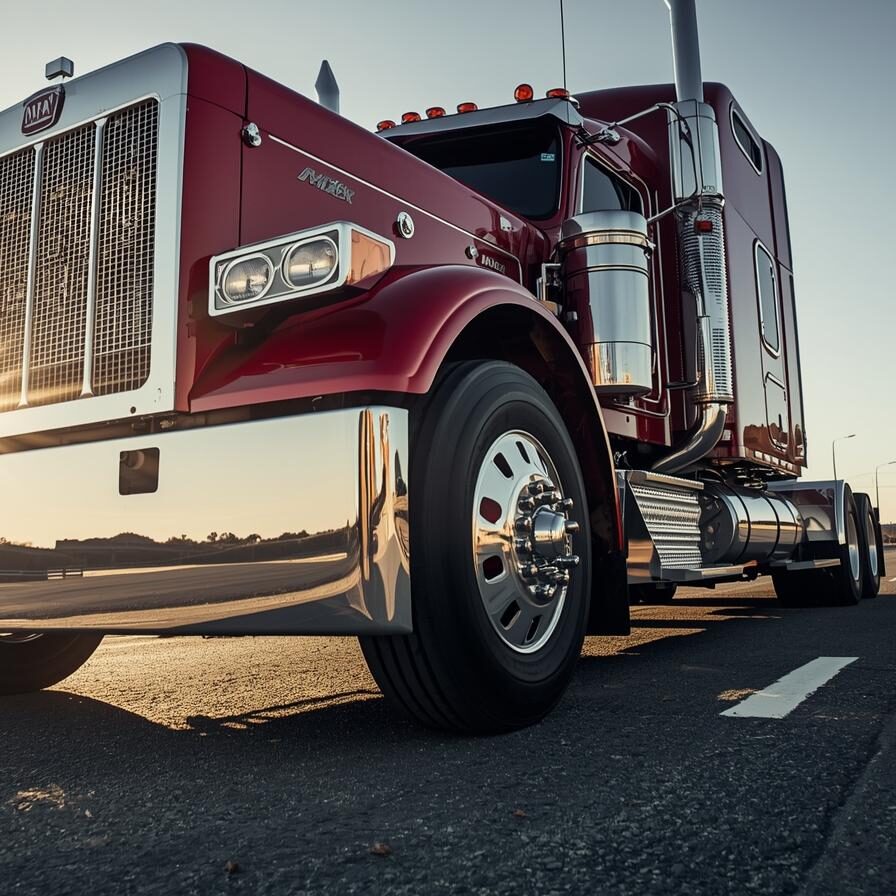Shiny maroon semi-truck parked on the road with a low-angle view.